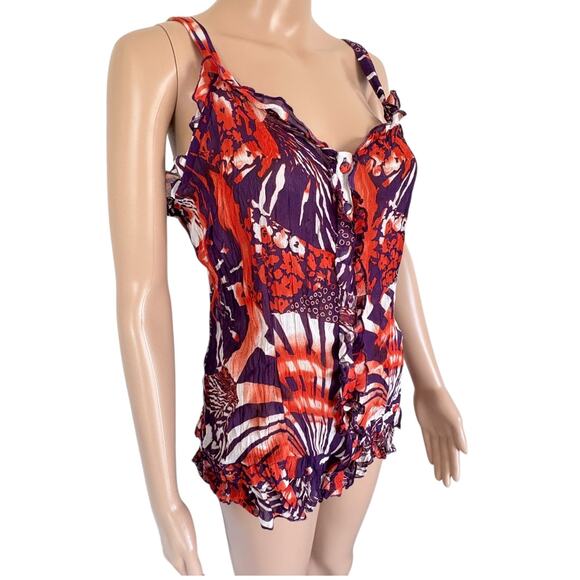 Y2K EURO Ruffle Crinkle Sheer Cami Top Abstract Boho Resort Coastal Indie - Picture 3 of 9